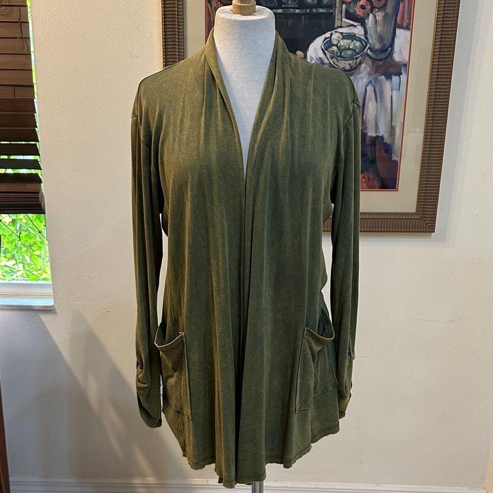 M. Rena Distressed Olive Green Open Front Cotton Sweater w/ Pockets Size Small